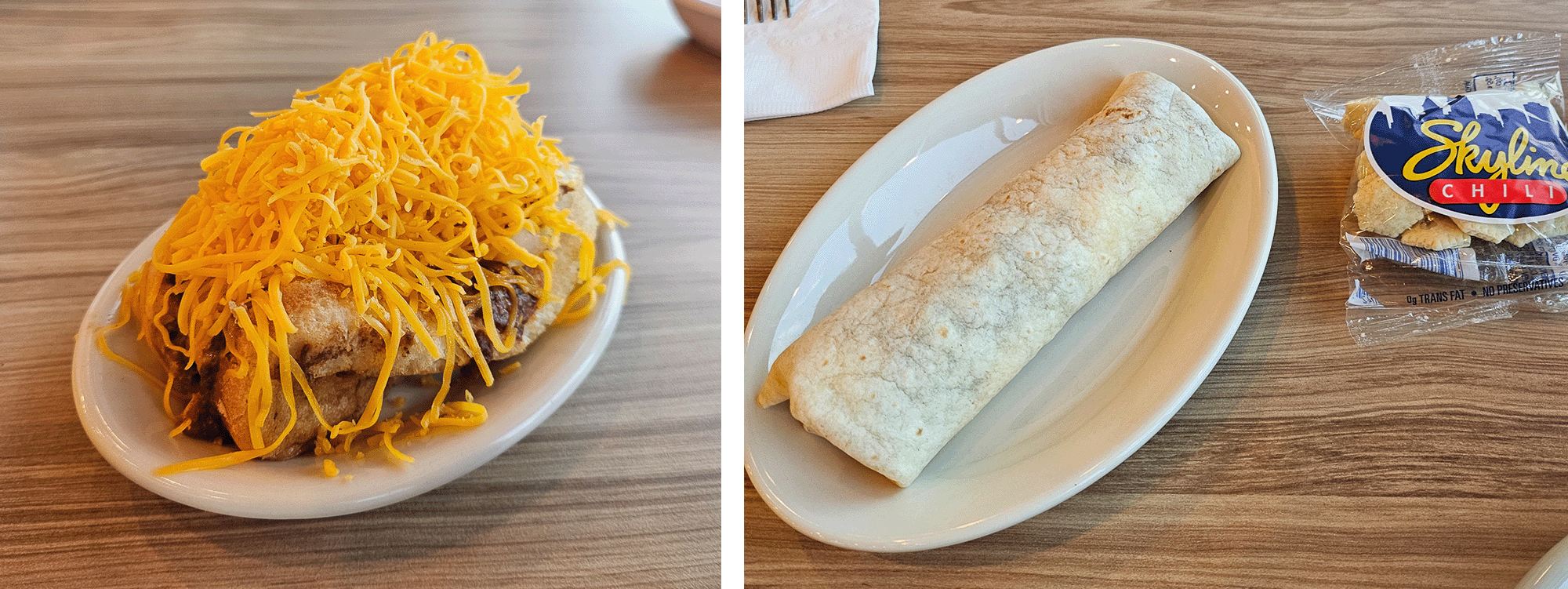 two images with chili dog and burrito